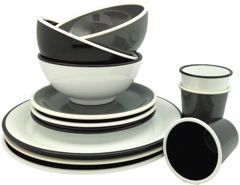 Set of 6 Jab Vintage black and white rim melamine plates, 20cm, durable, elegant for all occasions, scratch-resistant and dishwasher safe.