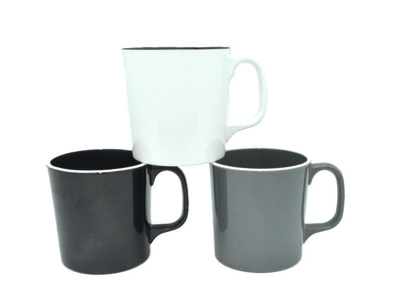 Set of 6 vintage grey and white rim mugs mimicking enamel, made of durable melamine, suitable for various occasions.