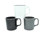 Set of 6 vintage grey and white rim mugs mimicking enamel, made of durable melamine, suitable for various occasions.