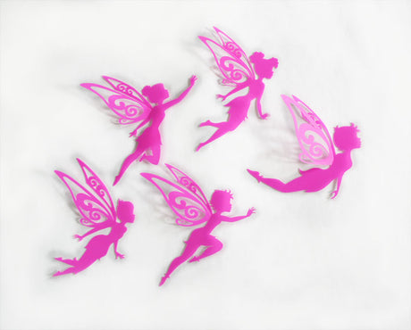 Set of 5 pink Flying Fairies wall art decals for kids' rooms, inspiring creativity and customizable arrangements.