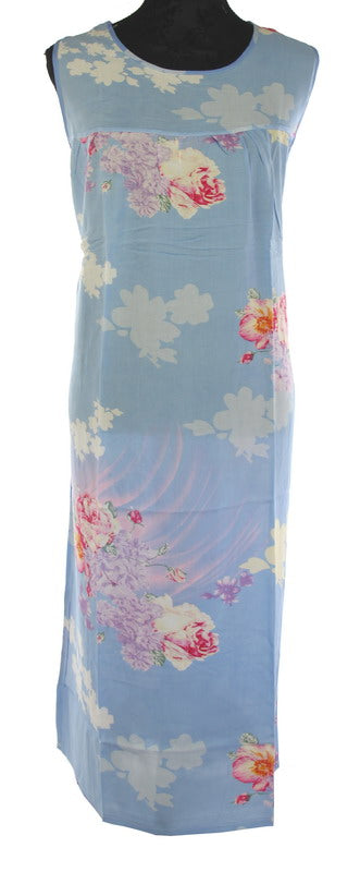Sleeveless floral pajama dress in blue, 100% viscose, 120cm drop, perfect for stylish loungewear and summer nights.