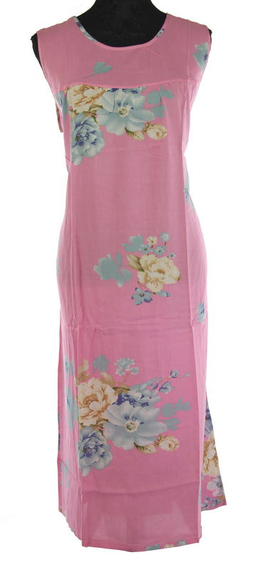 A comfy floral-print pink pajama dress made from 100% viscose, perfect for stylish lounging and restful sleep.