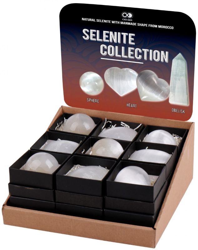 Elegant display box of 18 unique selenite crystals, showcasing their calming beauty and healing properties.