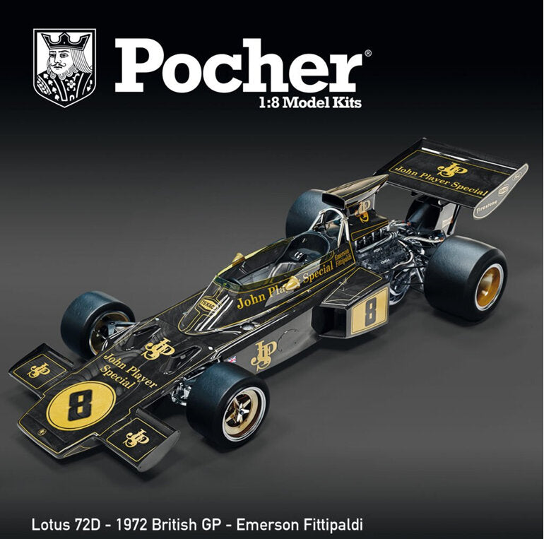 Detailed 1/8 scale diecast model of the iconic F1 Lotus 72, showcasing its sleek design and powerful V8 engine.