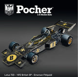 Detailed 1/8 scale diecast model of the iconic F1 Lotus 72, showcasing its sleek design and powerful V8 engine.