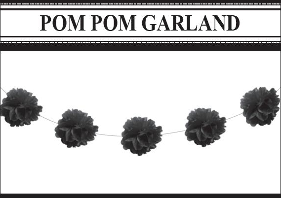 Elegant 2-meter black pom pom garland made of durable tissue paper, perfect for weddings, parties, and home decor.