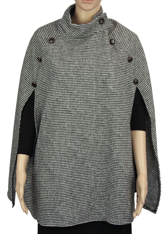 Chic check-pattern poncho with front slits, offering warmth and style for any occasion, made of soft, breathable fabric.