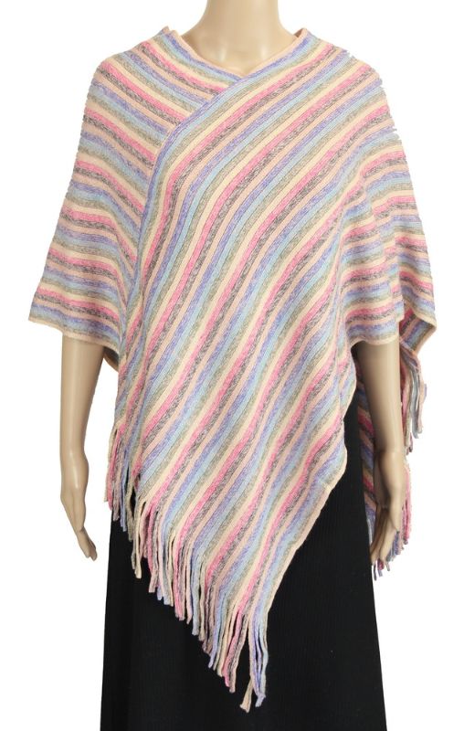 Lightweight pastel poncho with diagonal stripes, perfect for layering and stylish for any occasion.