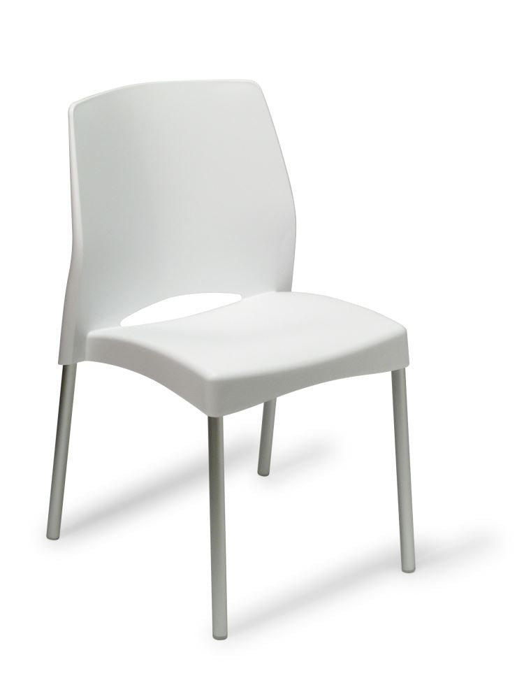 Stylish white cafe chair with ergonomic design, UV treated polypropylene, and anodised aluminium legs, ideal for indoor and outdoor use.