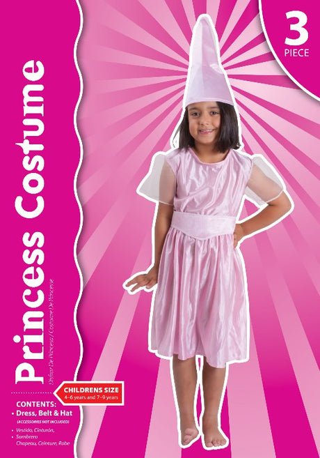 Enchanting children's princess costume for ages 7-9, featuring a detailed dress, hat with organza tail, and adjustable belt.