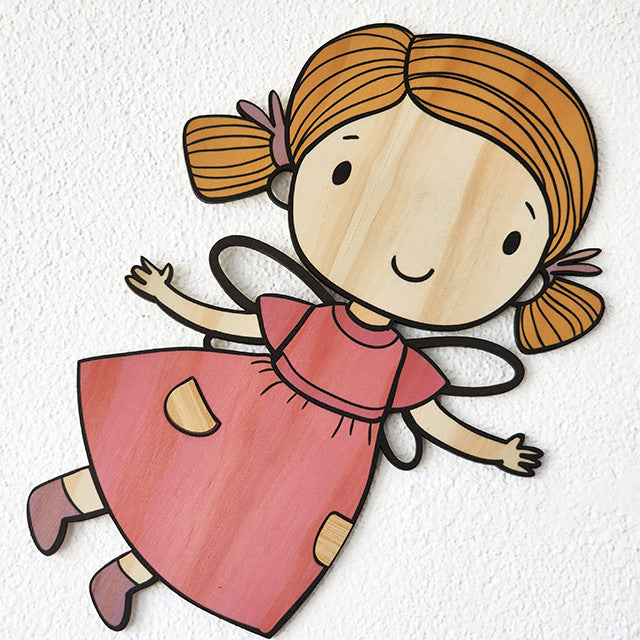 Pine wall art featuring a whimsical fairy girl amidst a sun and clouds, crafted from eco-friendly pine veneer.