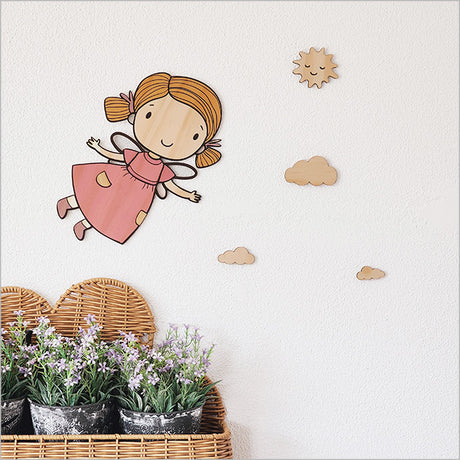 Enchanting pine wall art featuring a fairy girl, sun, and clouds, perfect for whimsical home decor.