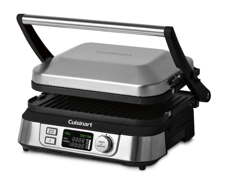 Cuisinart Griddler and Deep Pan featuring reversible plates, stainless steel housing, and versatile cooking options for any meal.