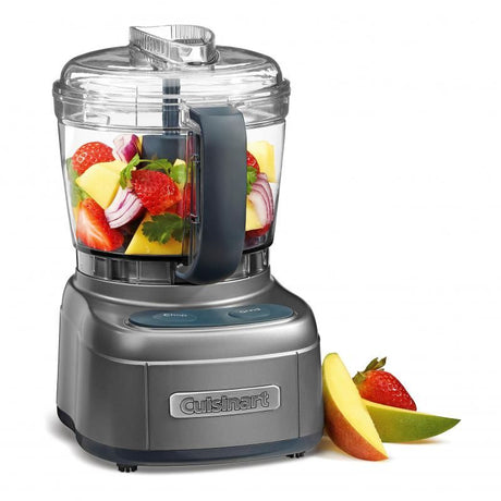 Compact gun metal grey food processor with SmartPower blade for chopping, grinding, and pureeing, featuring BladeLock System.