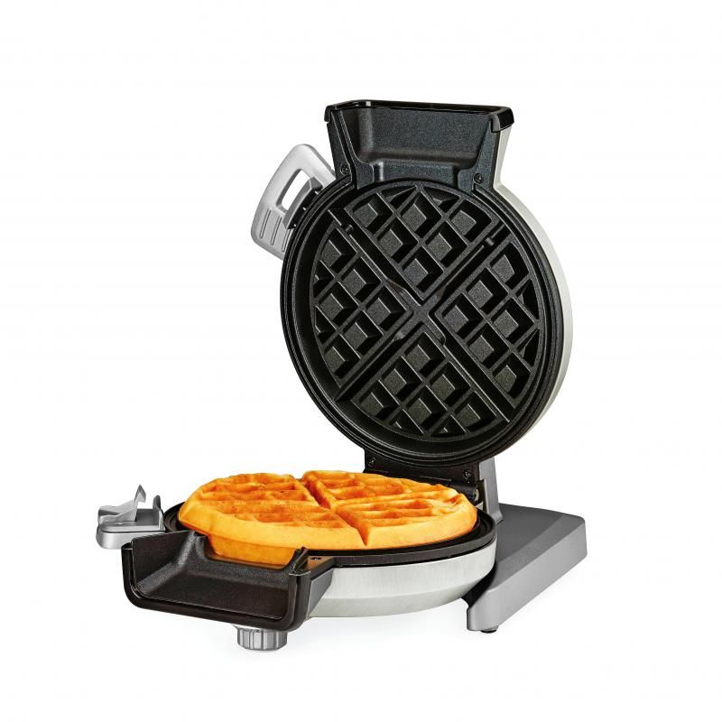 Cuisinart Vertical Waffle Maker with brushed stainless steel design, batter pour spout, and five browning settings for perfect waffles.