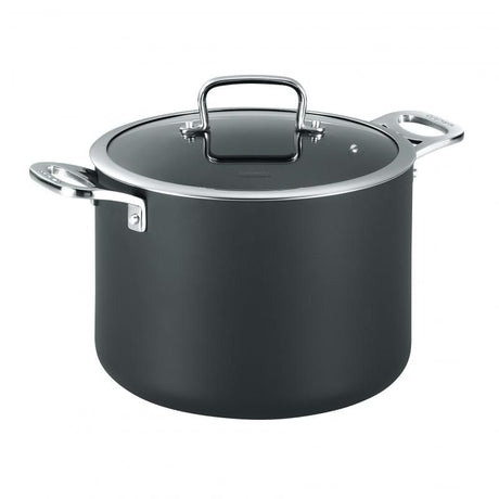 Cuisinart 24cm stockpot with durable aluminum, non-stick coating, and stylish stainless steel handles for versatile cooking.