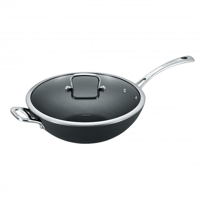 32cm Cuisinart wok with lid, hard-anodized for even heat, non-stick, induction-ready, featuring durable stainless steel handles.