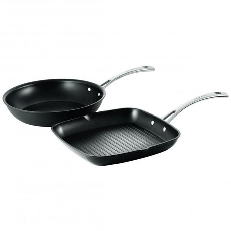 Cuisinart 28cm grill pan and 26cm fry pan set in hard-anodized aluminum, featuring non-stick coating and stainless steel handles.