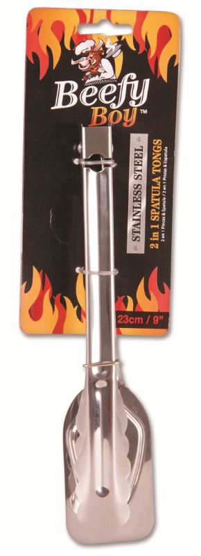 Set of 3 stainless steel 23cm BBQ 2-in-1 spatula tongs for seamless grilling and effortless food handling.