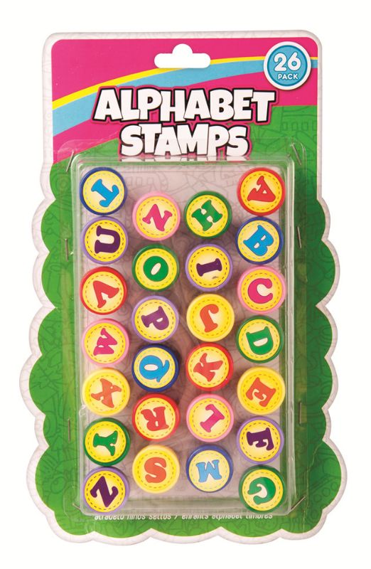 Colorful rubber stamps featuring uppercase A-Z letters, perfect for crafts, education, and DIY projects.