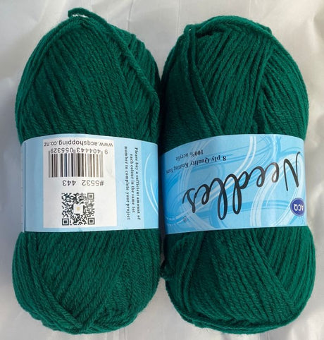 Set of 6 dark green acrylic yarn skeins, 100g each, ideal for a variety of crafting projects like sweaters and blankets.