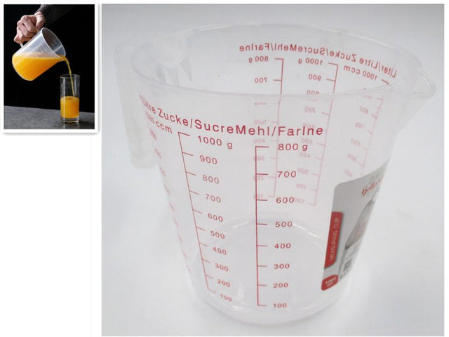 Clear 1000ml measuring cup with ergonomic design for accurate ingredient measurement, ideal for cooking and baking.