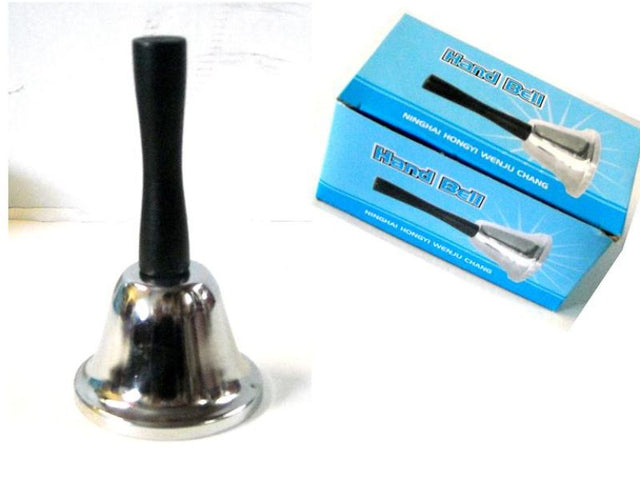 Set of 4 elegant 12cm hand bells with a silver finish, ideal for events, gatherings, and classroom use, producing clear sounds.