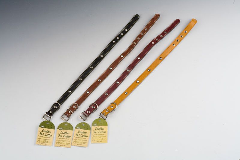 Stylish leather pet collars with metal studs, set of 4 assorted colors for dogs and cats, designed for comfort and durability.