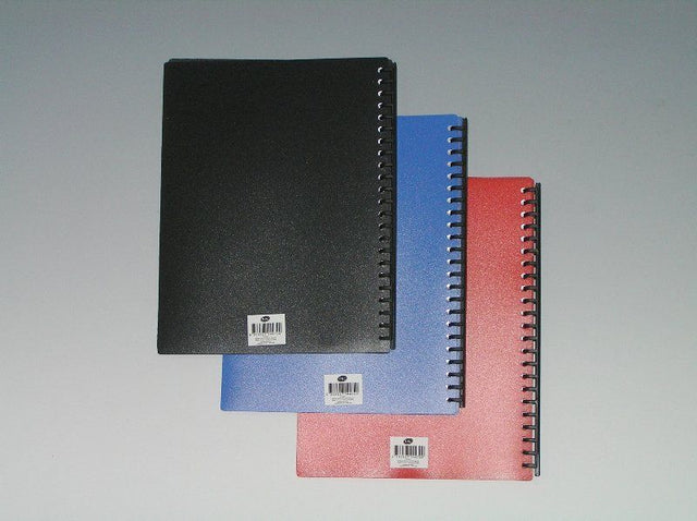 A set of 12 vibrant A4 spiral display books, each with 20 clear pockets for organizing documents and presentations.