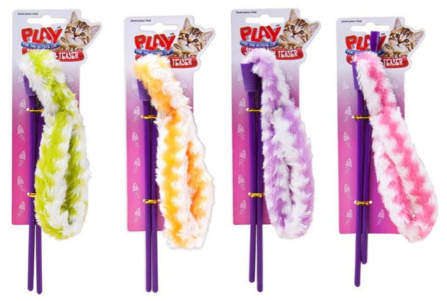 Set of 4 colorful cat plush teasers on sticks, designed for interactive play and stimulating natural hunting instincts.