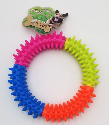 Colorful set of 4 pet toy rings for tugging, fetching, and chewing; durable, safe, and perfect for playful bonding.