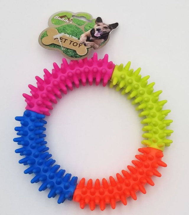 Colorful set of 4 pet toy rings for tugging, fetching, and chewing; durable, safe, and perfect for playful bonding.