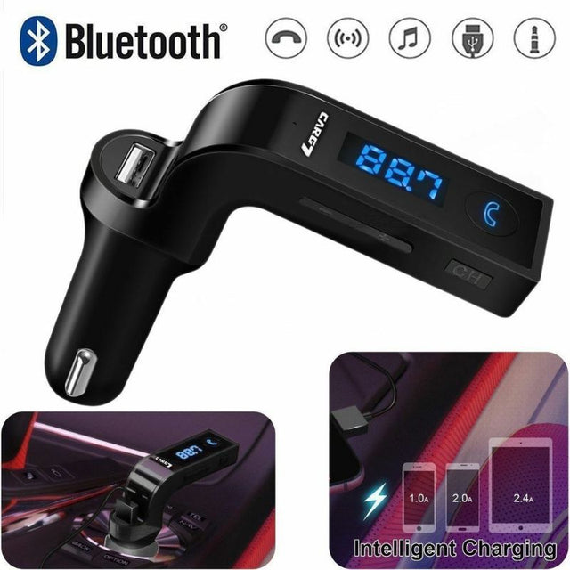 Car FM transmitter with Bluetooth and TF card support for streaming music, hands-free calling, and easy setup in vehicles.