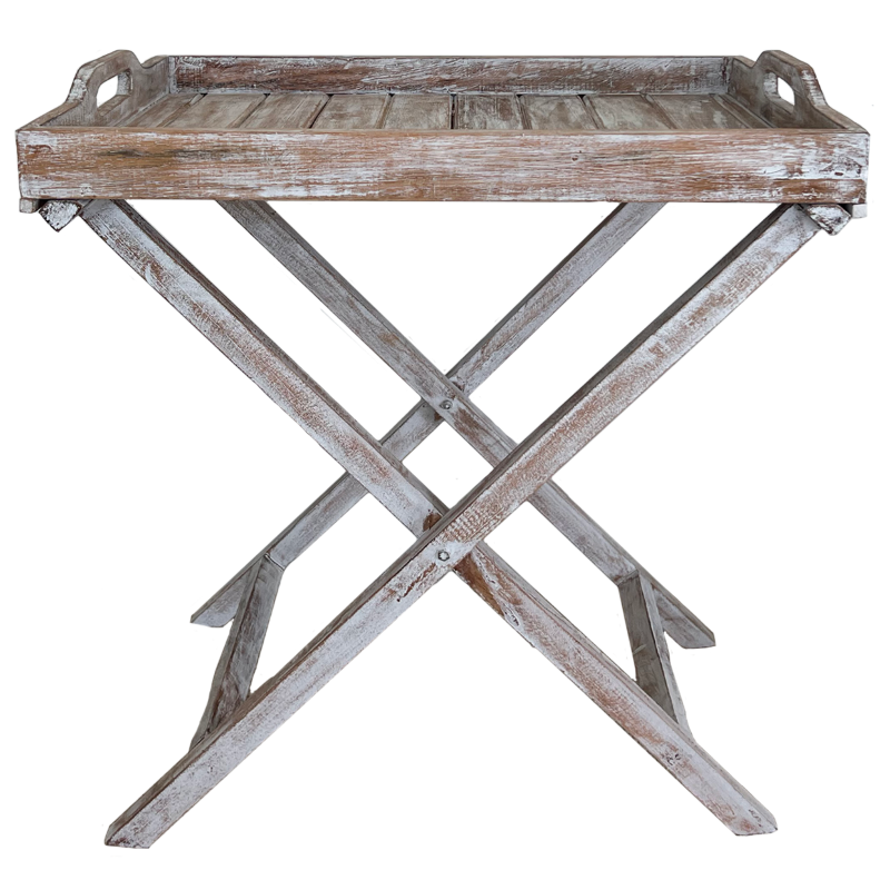 White wash butlers tray with folding stand, perfect for elegant serving and versatile decor, measuring 70x50 cm.