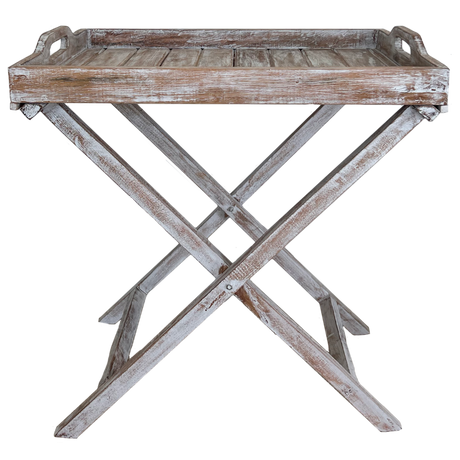 White wash butlers tray with folding stand, perfect for elegant serving and versatile decor, measuring 70x50 cm.