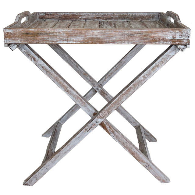 White wash butlers tray with folding stand, perfect for elegant serving and versatile decor, measuring 70x50 cm.