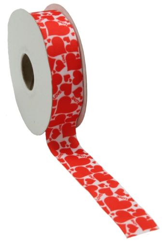 Printed grosgrain ribbon in white and red, featuring a heart pattern, perfect for crafting, gift wrapping, and decorations.