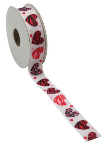 Printed grosgrain ribbon featuring vibrant hearts, 2.5cm wide and 20m long, perfect for crafting and decorating projects.