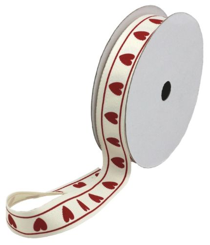 Cotton herringbone ribbon with heart print, 25mm wide and 20m long, perfect for crafting, gift-wrapping, and decorations.