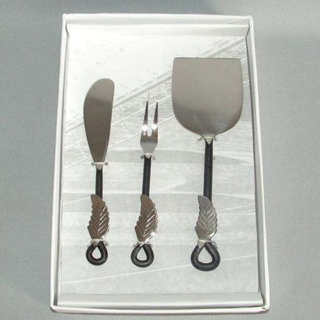 Elegant cheese box set featuring a fern spade, fork, and pate spreader for gourmet serving and entertaining.