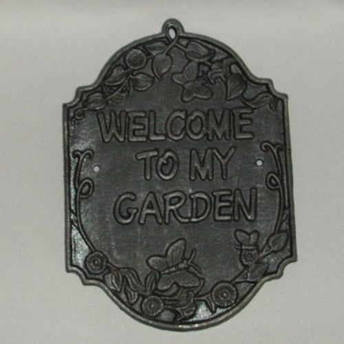 Cast iron Welcome to My Garden plaque, 61x27cm, featuring a charming design to enhance outdoor spaces.