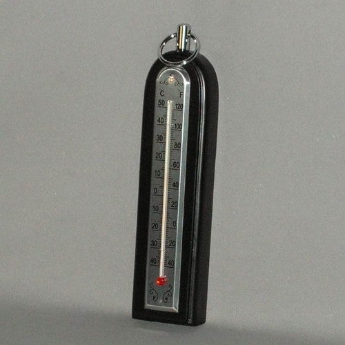 Sleek black wall thermometer with a 20cm design, perfect for stylish temperature monitoring in any room or garden.