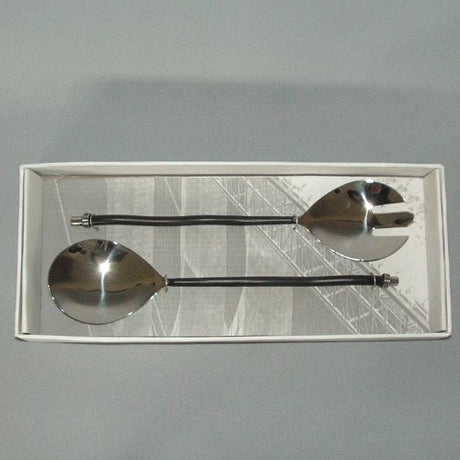 Elegant salad server set with 28cm twisted wire handles for stylish serving of salads, pasta, and fruits.