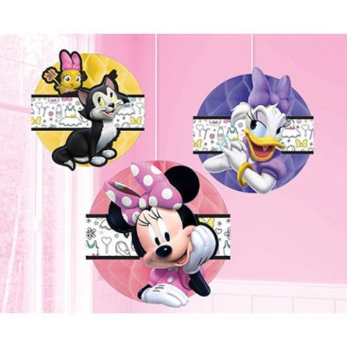 Colorful Minnie Mouse honeycomb decorations, 26cm, perfect for themed parties, baby showers, or Disney events, pack of 3.