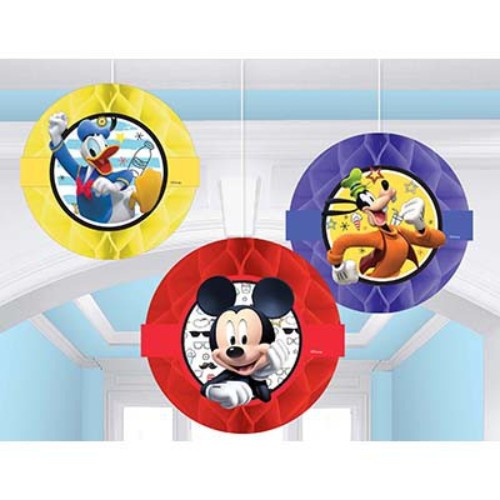 Mickey On The Go Honeycomb Hanging Decorations in vibrant designs, perfect for Disney-themed parties, pack of 3.