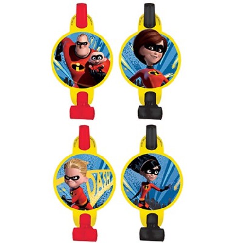 Colorful Incredibles 2 blowouts with medallions, perfect for themed parties and celebrations, pack of 8 vibrant designs.