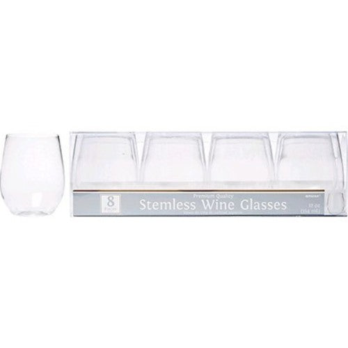 Stemless clear plastic wine glasses, pack of 8, shatter-resistant, stylish for outdoor gatherings and easy to clean.