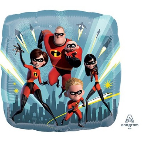 Bright 45cm square foil balloon featuring the Incredibles family, perfect for birthday parties and celebrations.