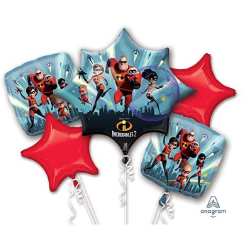 Incredibles 2 balloon bouquet featuring 1 Super Shape and 4 vibrant foil balloons, perfect for festive celebrations.