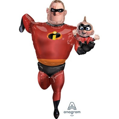 Airwalker foil balloon featuring Mr. Incredible and Jack Jack, vibrant colors, perfect for parties and celebrations.